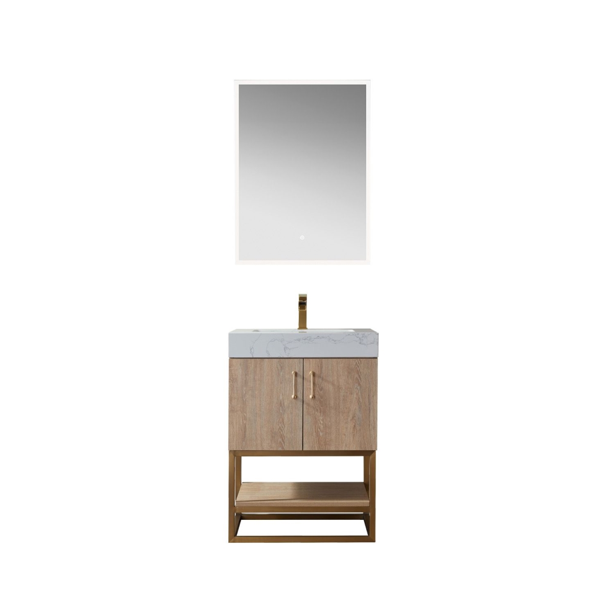 24 in. Alistair Single Vanity with White Grain Stone Countertop with Mirror - North American Oak