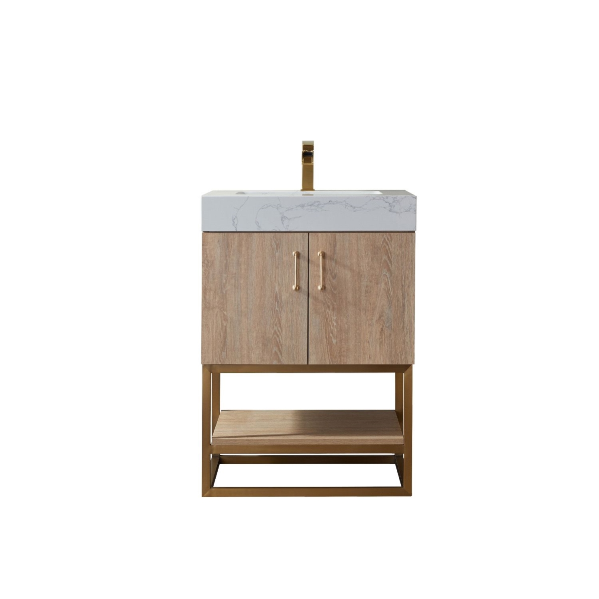 24 in. Alistair Single Vanity with White Grain Stone Countertop Without Mirror - North American Oak