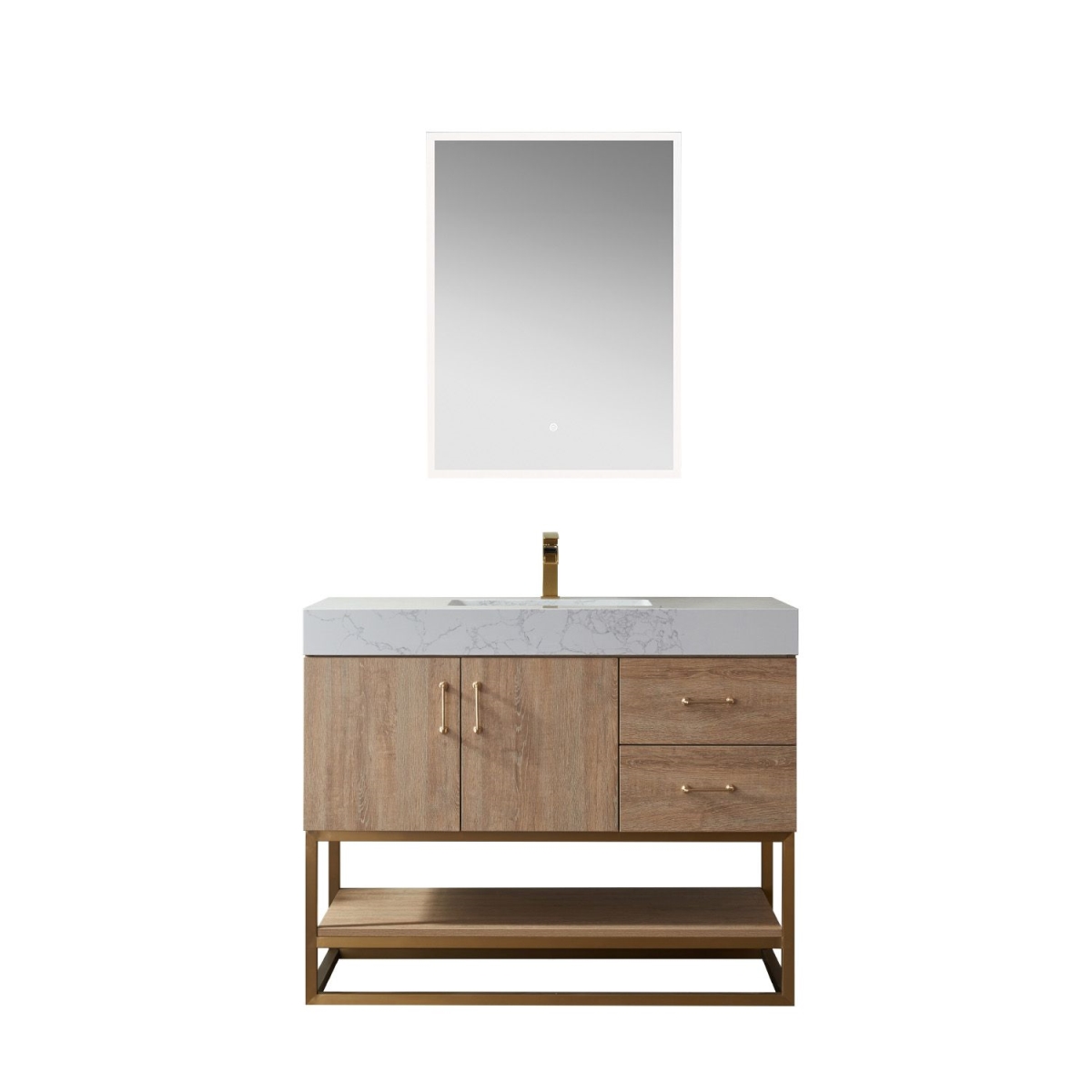 42 in. Alistair Single Vanity with White Grain Stone Countertop & Mirror, North American Oak