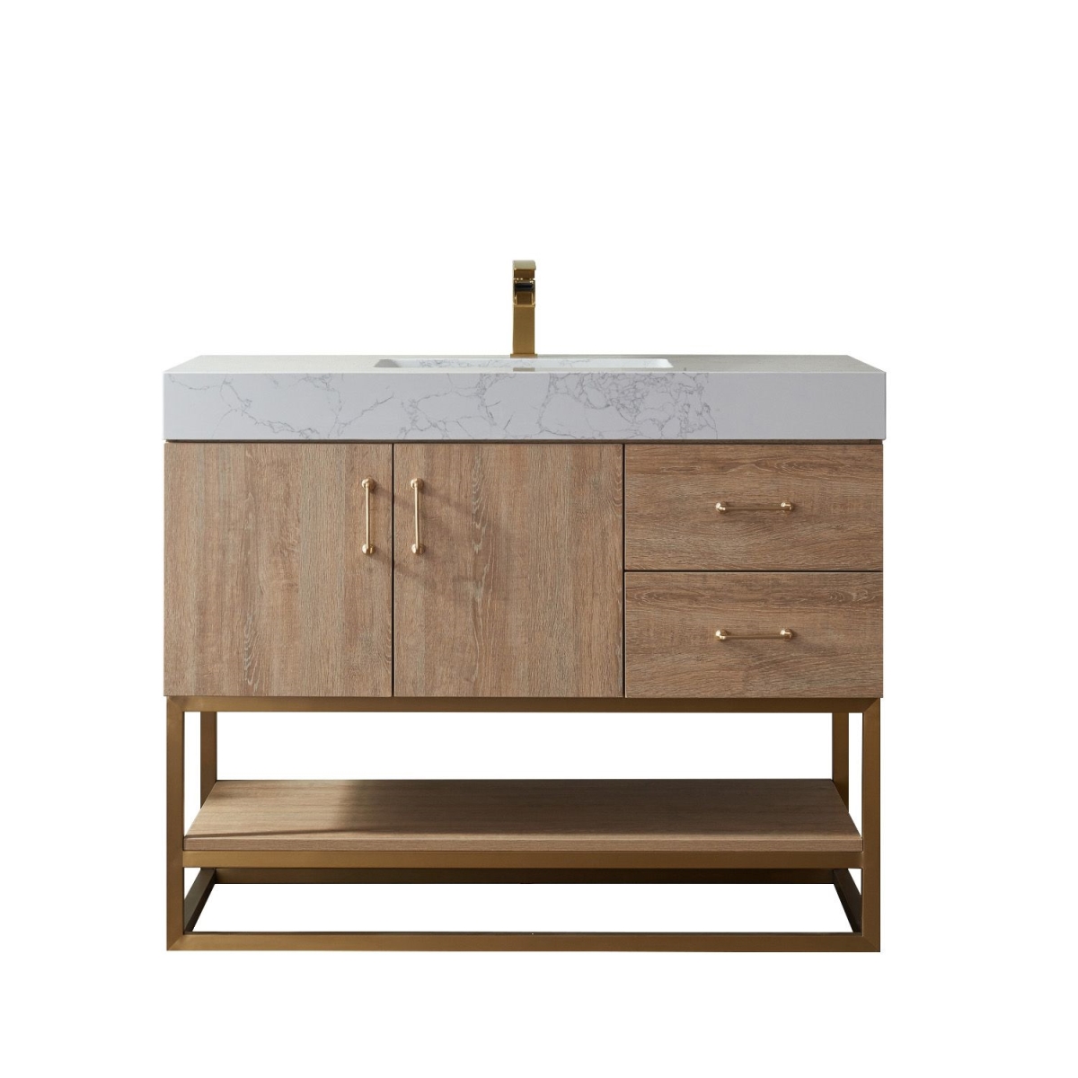 42 in. Alistair Single Vanity with White Grain Stone Countertop Without Mirror, North American Oak