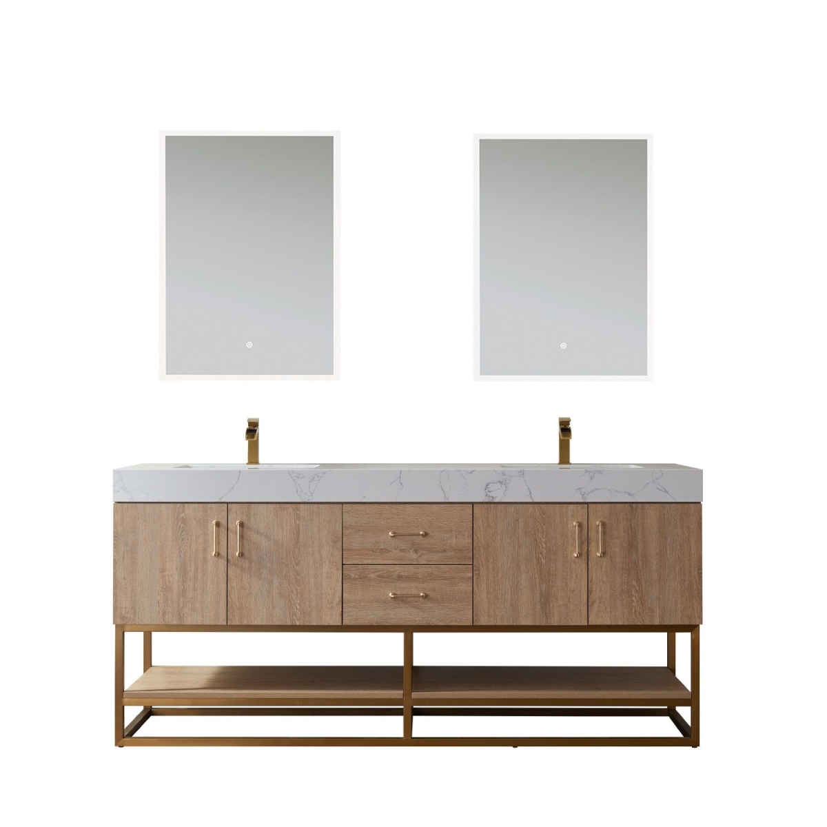 72 in. Alistair Double Vanity with White Grain Stone Countertop & Mirror, North American Oak