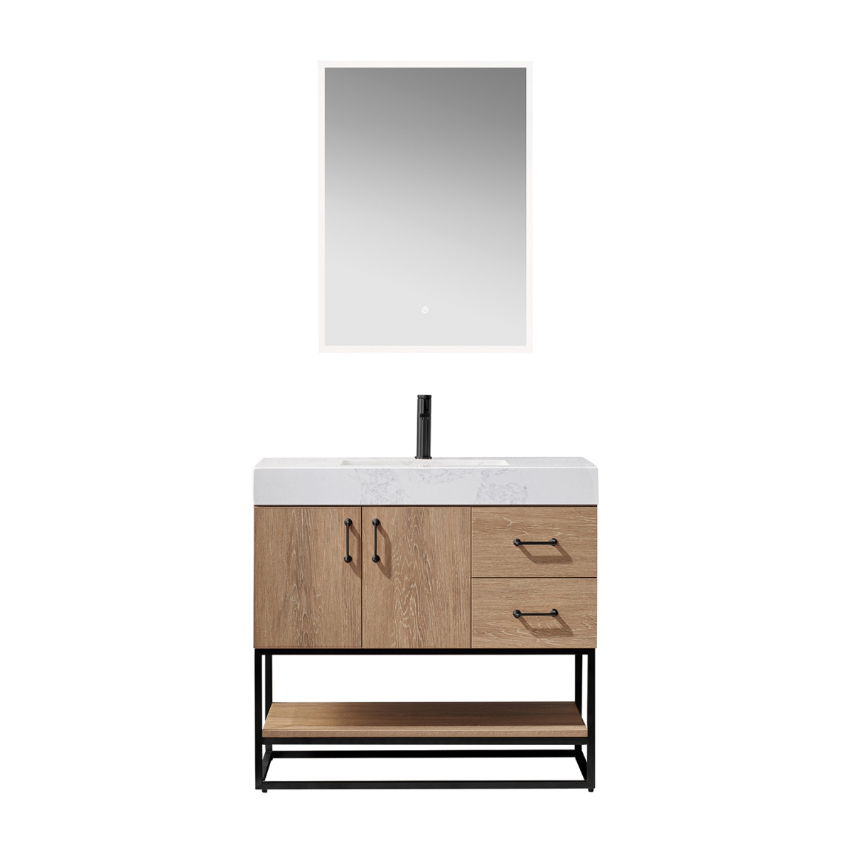 36 in. Alistair Single Vanity in North American Oak with White Grain Stone Countertop with Mirror