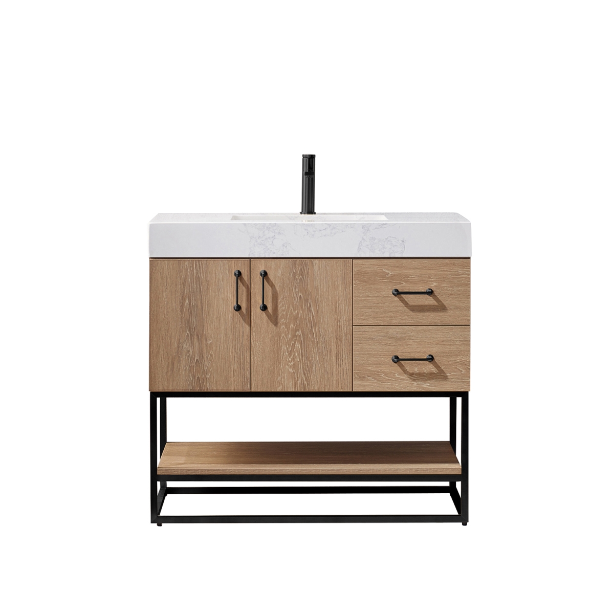 36 in. Alistair Single Vanity in North American Oak with White Grain Stone Countertop without Mirror