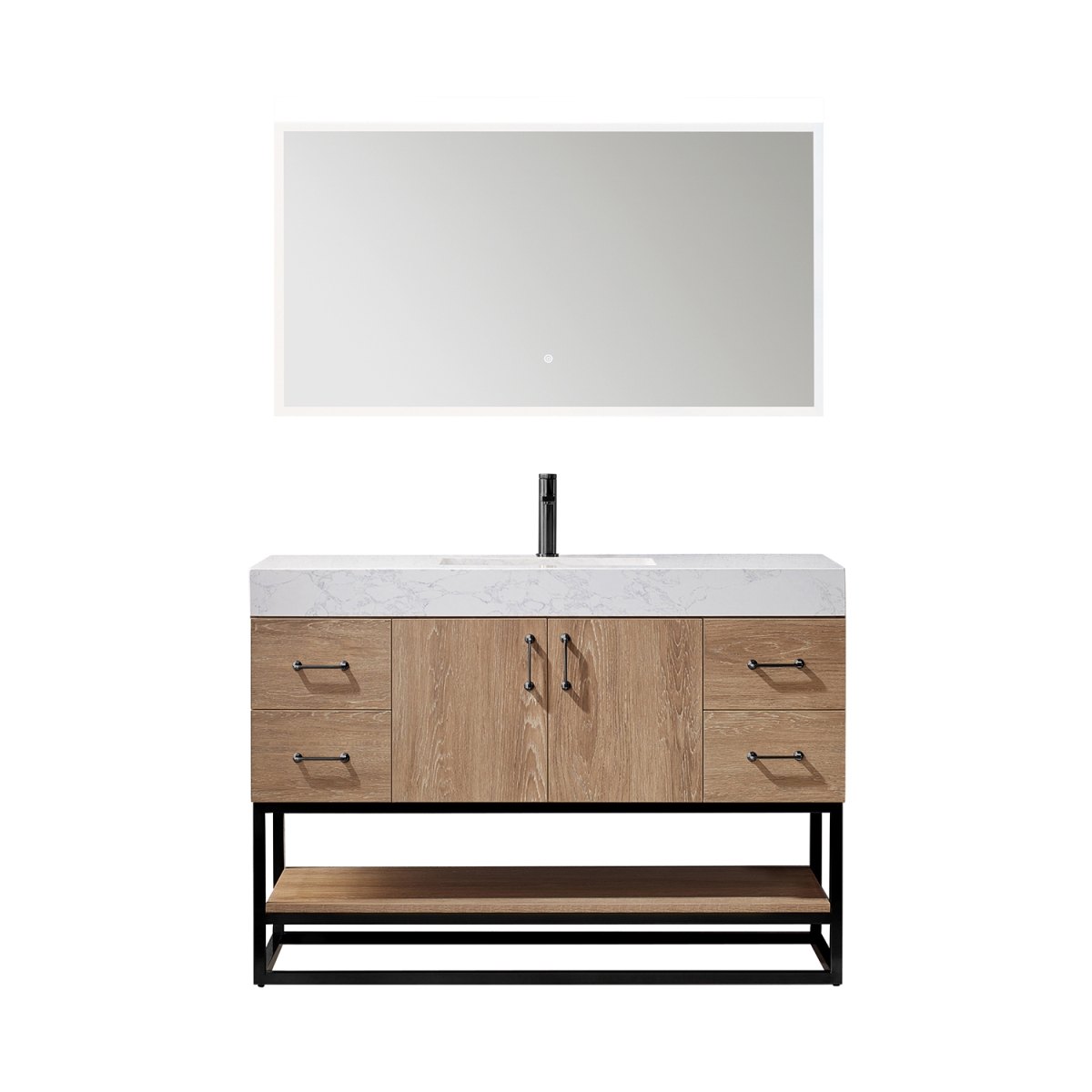 48 in. Alistair Single Vanity in North American Oak with White Grain Stone Countertop with Mirror