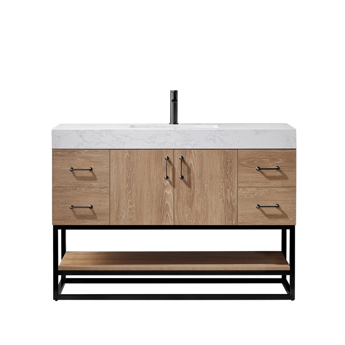 48 in. Alistair Single Vanity in North American Oak with White Grain Stone Countertop without Mirror