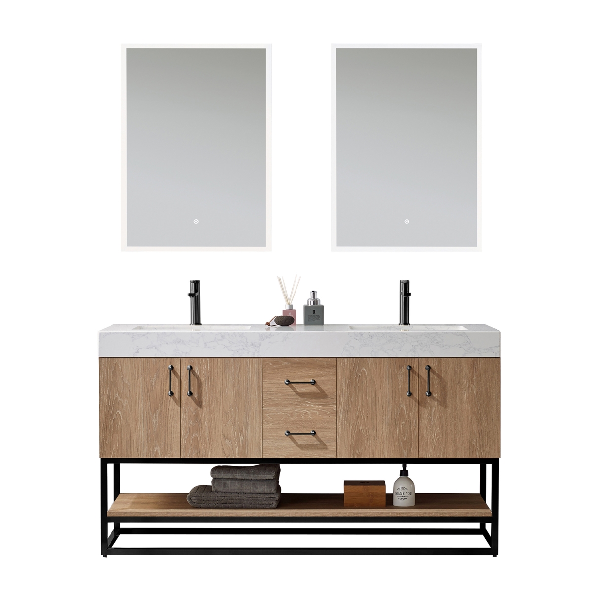 60 in. Alistair Double Vanity in North American Oak with White Grain Stone Countertop with Mirror