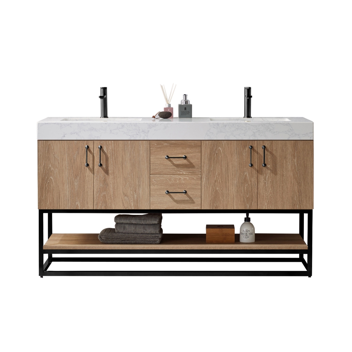60 in. Alistair Double Vanity in North American Oak with White Grain Stone Countertop without Mirror