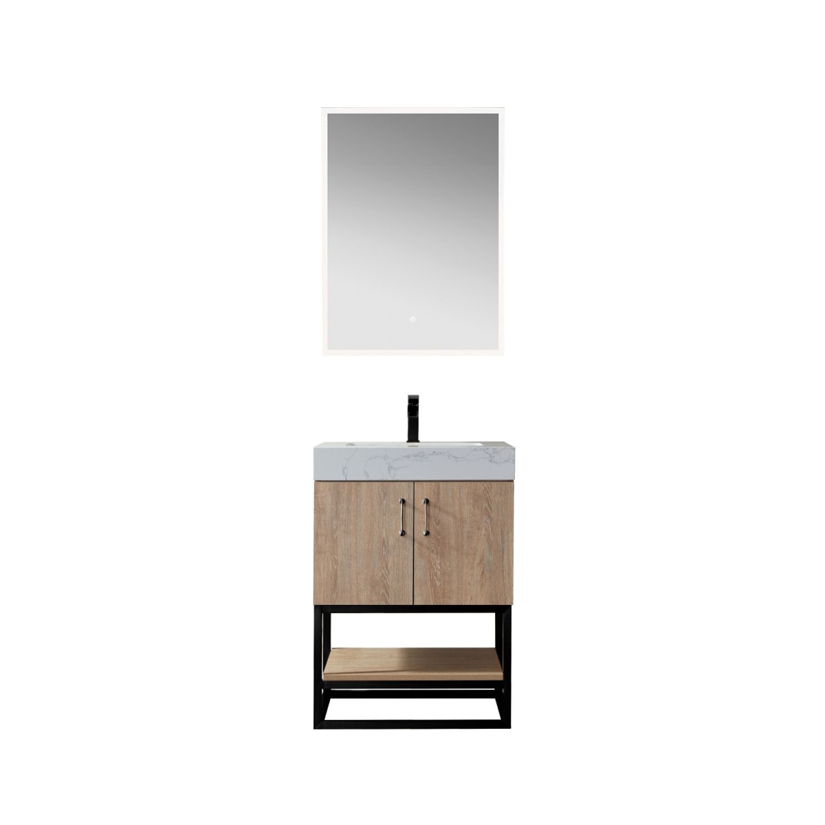 24 in. Alistair Single Vanity with White Grain Stone Countertop & Mirror, North American Oak