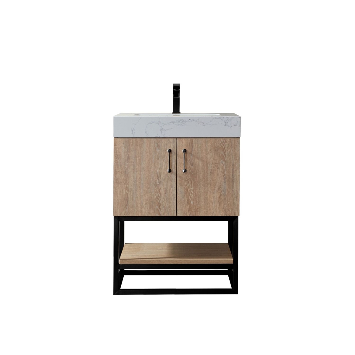 24 in. Alistair Single Vanity with White Grain Stone Countertop Without Mirror, North American Oak