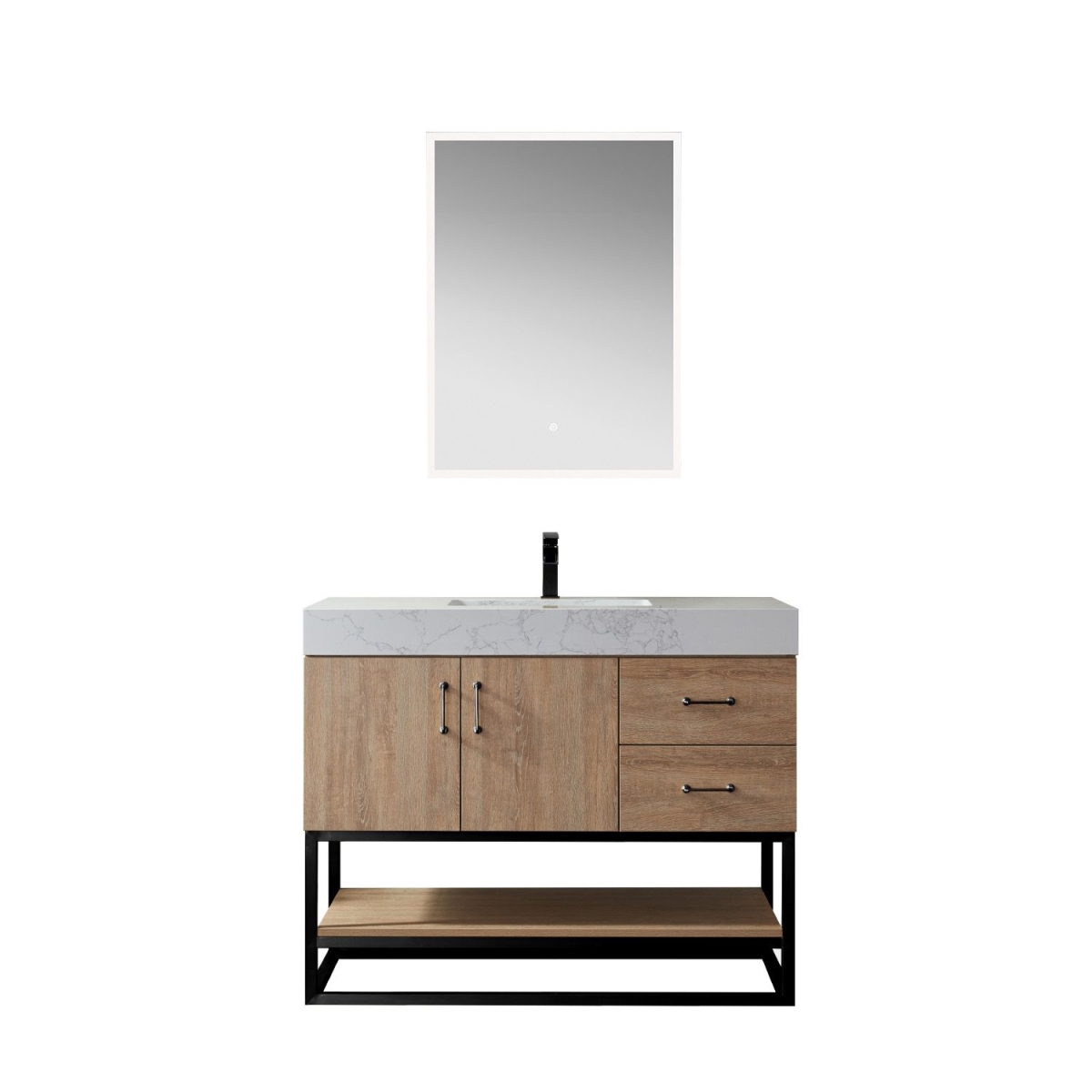 42 in. Alistair Single Vanity with White Grain Stone Countertop & Mirror, North American Oak