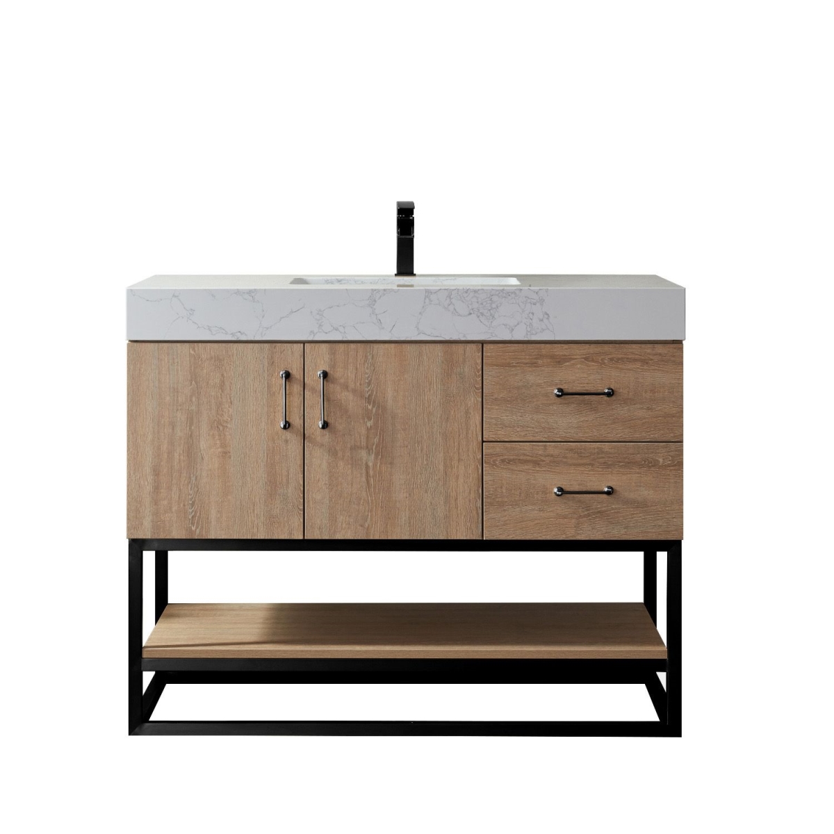 42 in. Alistair Single Vanity with White Grain Stone Countertop Without Mirror, North American Oak