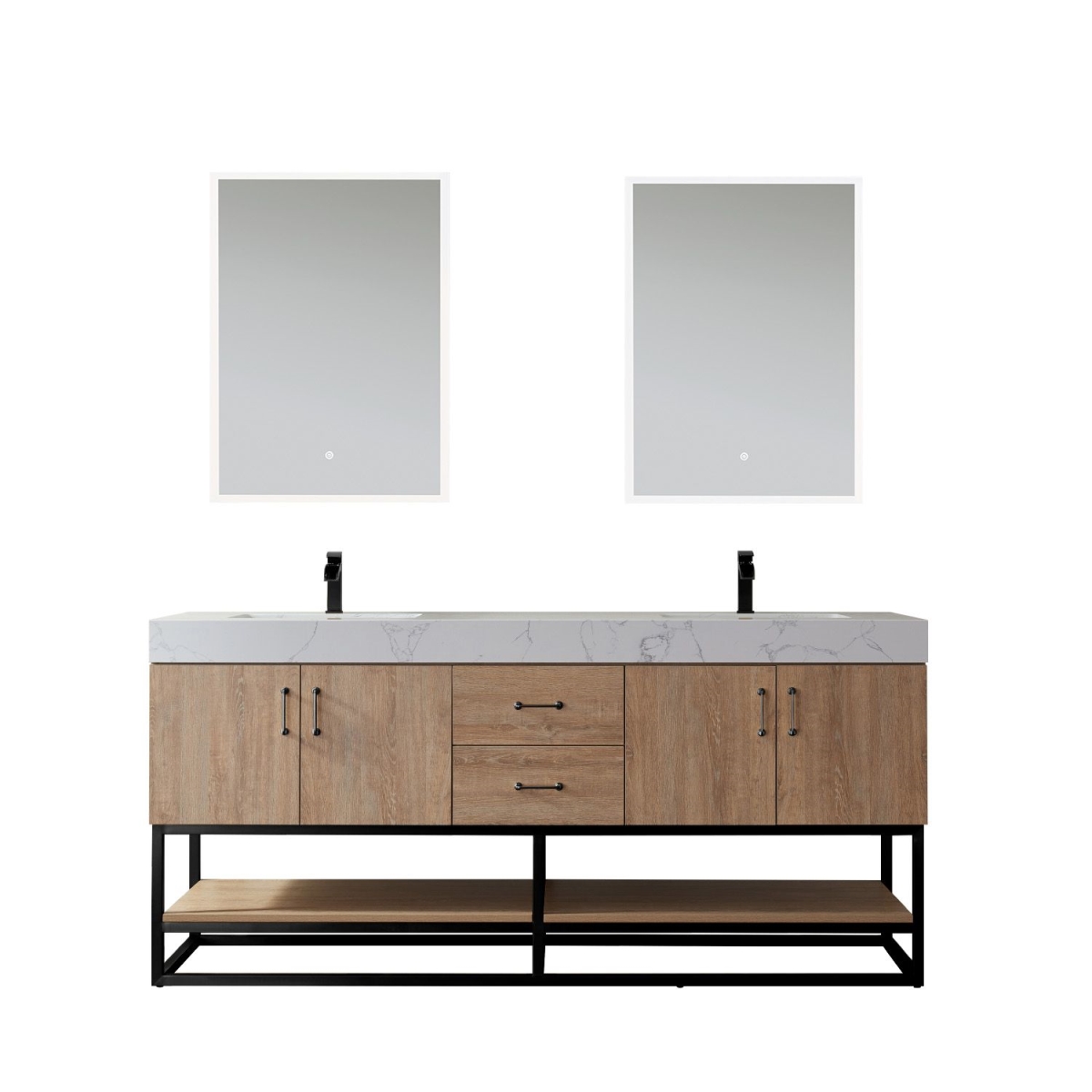 72 in. Alistair Double Vanity with White Grain Stone Countertop with Mirror - North American Oak