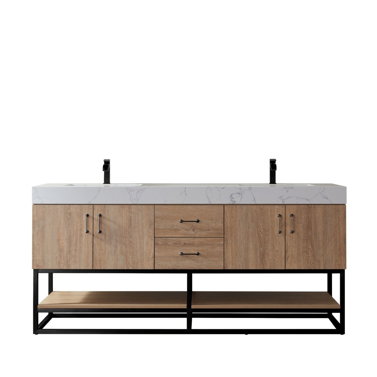 72 in. Alistair Double Vanity with White Grain Stone Countertop Without Mirror - North American Oak