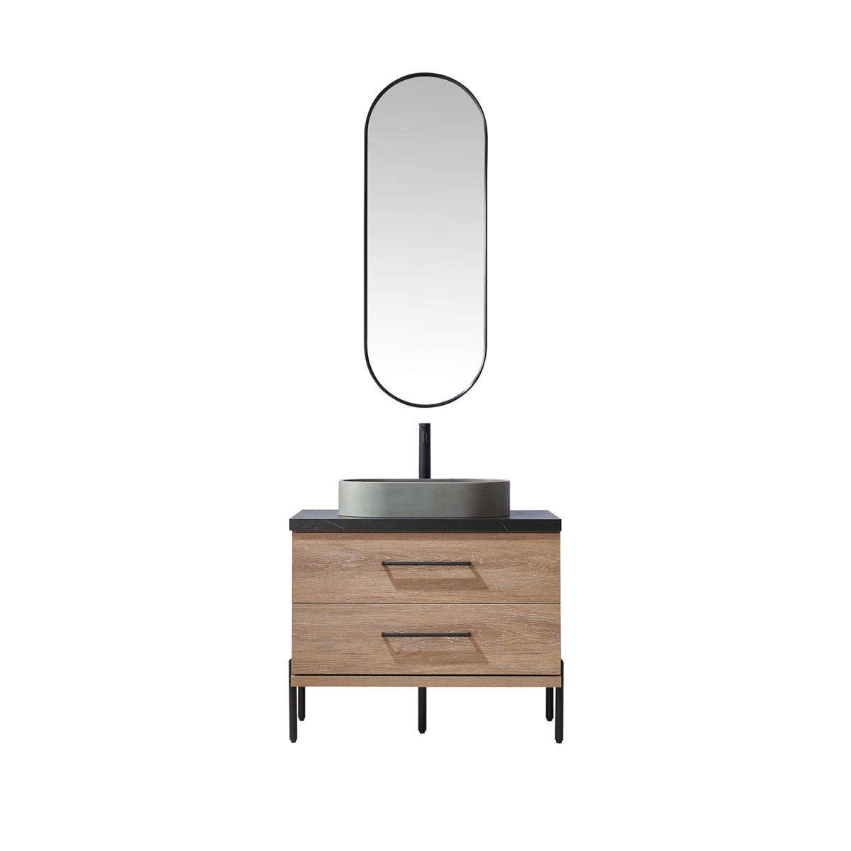 V 705136O-NO-SL 36 in. Trento Single Sink Bathroom Vanity, North American Oak with Black Sintered Stone Top with Concrete Sink & Mirror