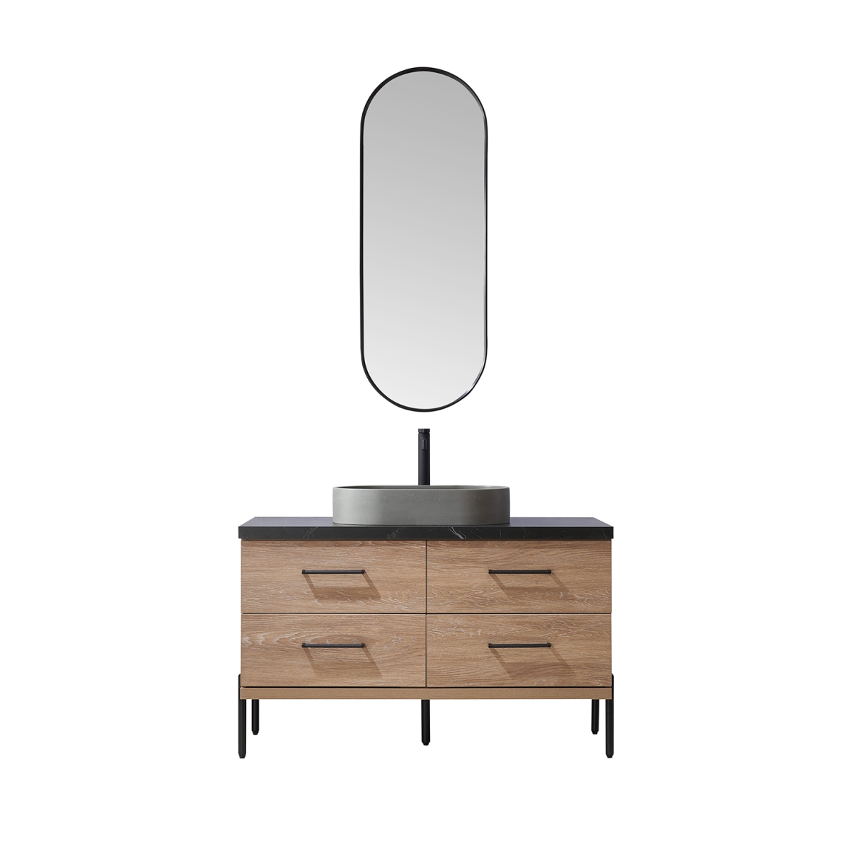 V 705148O-NO-SL 48 in. Trento Single Sink Bathroom Vanity, North American Oak with Black Sintered Stone Top with Concrete Sink & Mirror