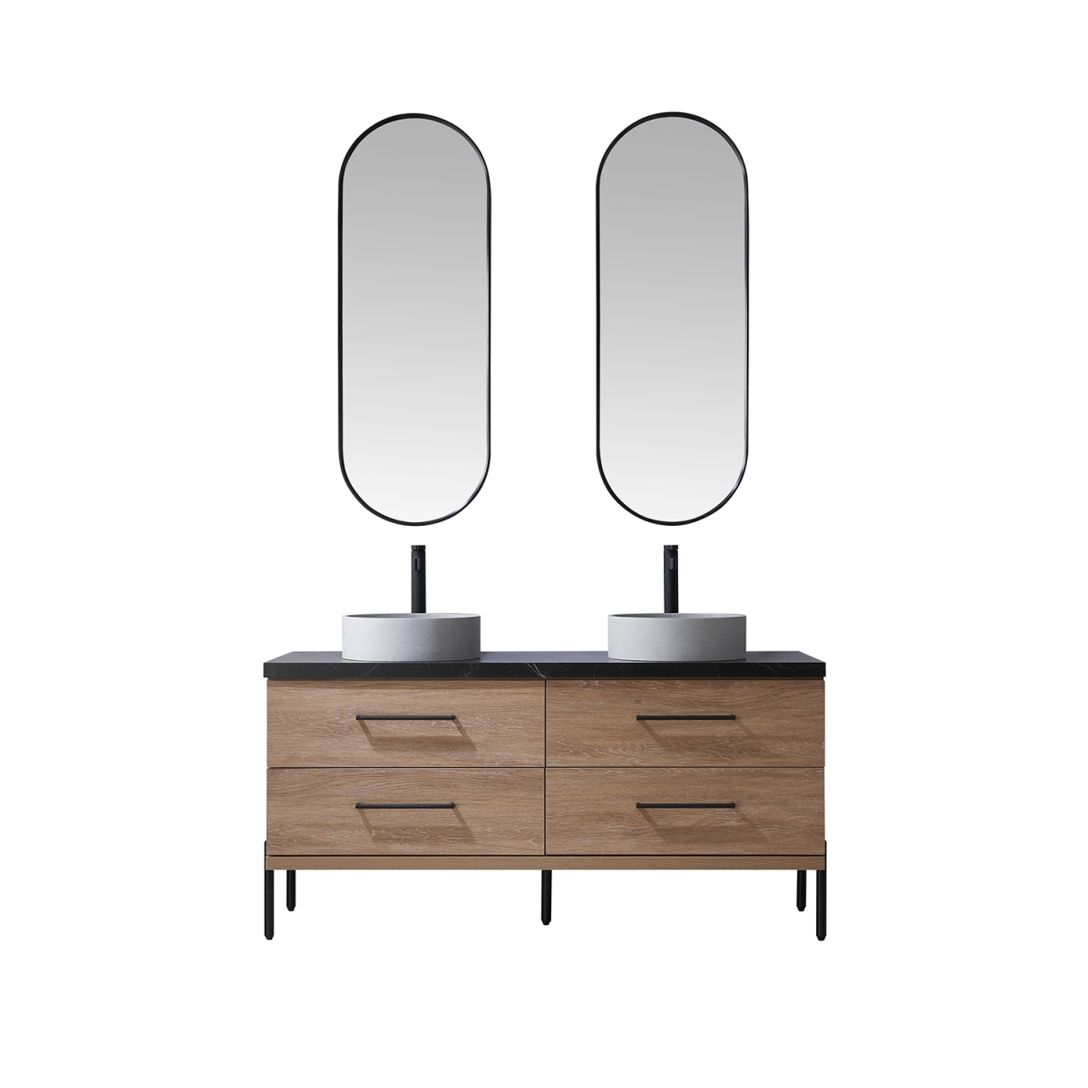 60 in. Trento Double Sink Bathroom Vanity, North American Oak with Black Sintered Stone Top with Concrete Sink & Mirror