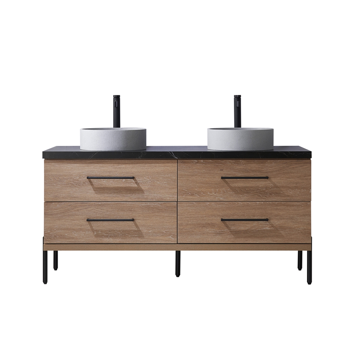 60 in. Trento Double Sink Bathroom Vanity, North American Oak with Black Sintered Stone Top with Concrete Sink