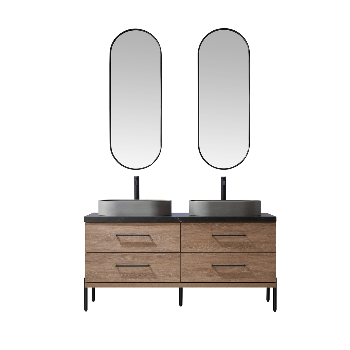 60 in. Trento Double Sink Bathroom Vanity, North American Oak with Black Sintered Stone Top with Concrete Sink & Mirror