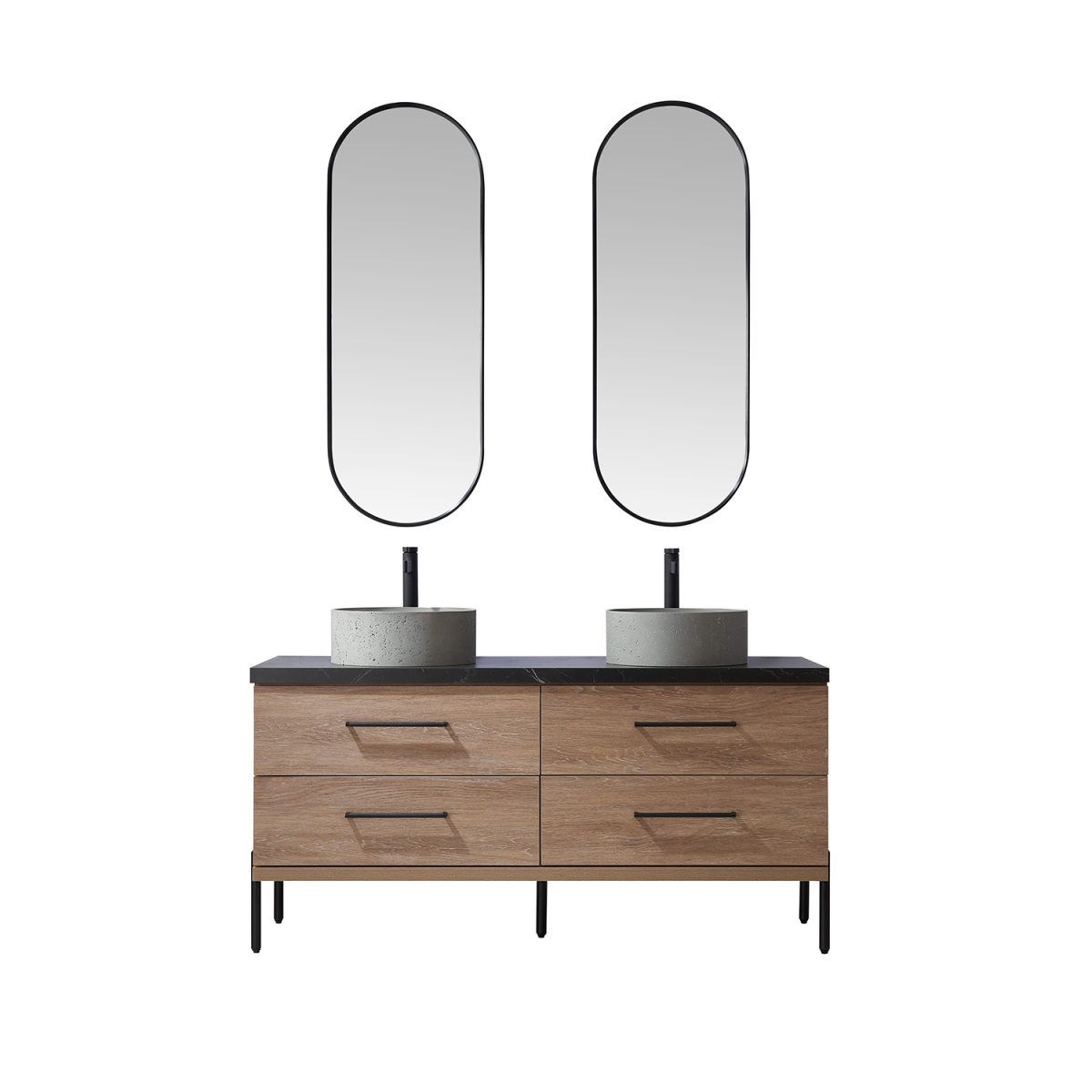 60 in. Trento Double Sink Bathroom Vanity, North American Oak with Black Sintered Stone Top with Concrete Sink & Mirror