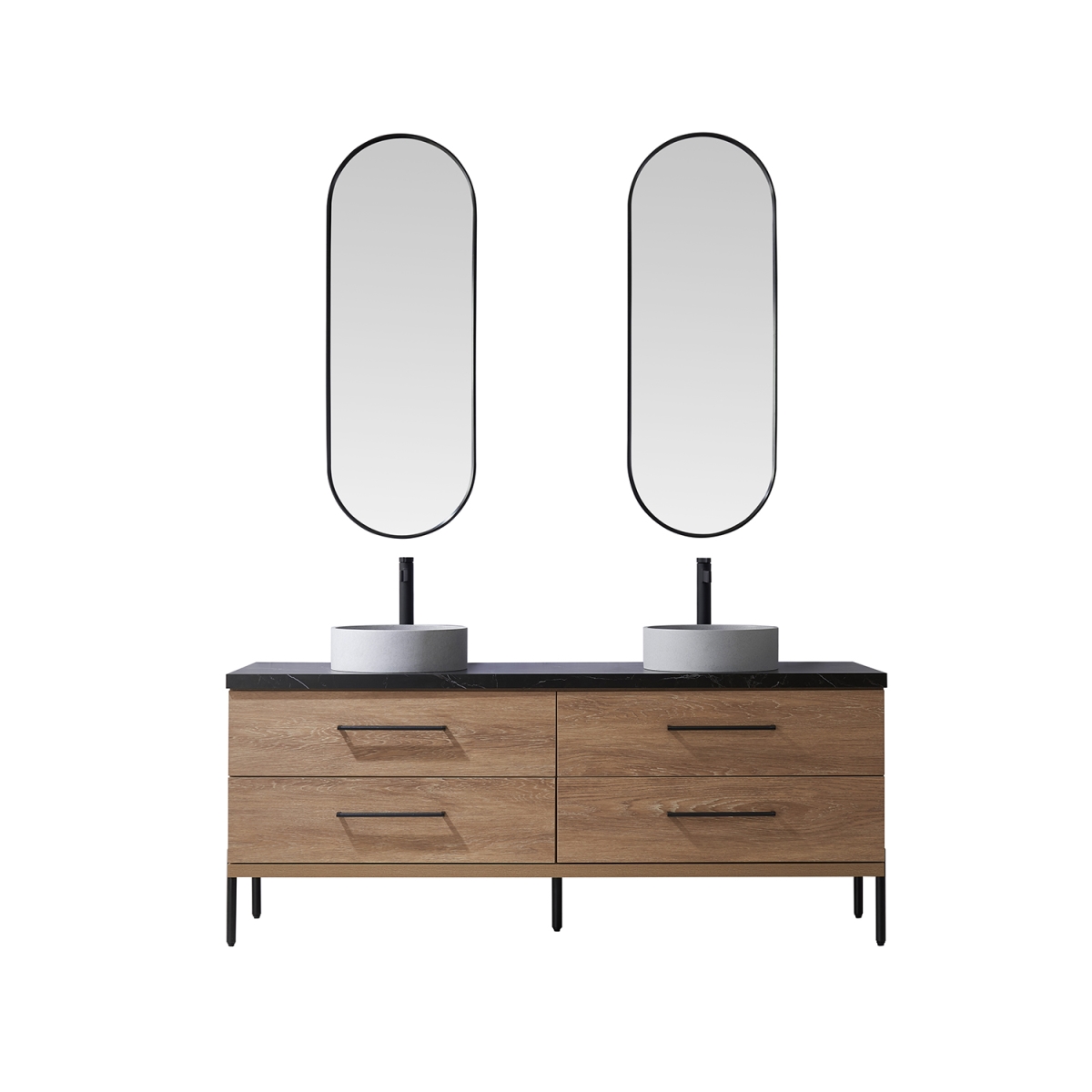 72 in. Trento Double Sink Bathroom Vanity, North American Oak with Black Sintered Stone Top with Concrete Sink & Mirror