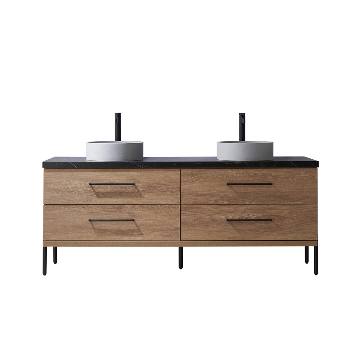 72 in. Trento Double Sink Bathroom Vanity, North American Oak with Black Sintered Stone Top with Concrete Sink