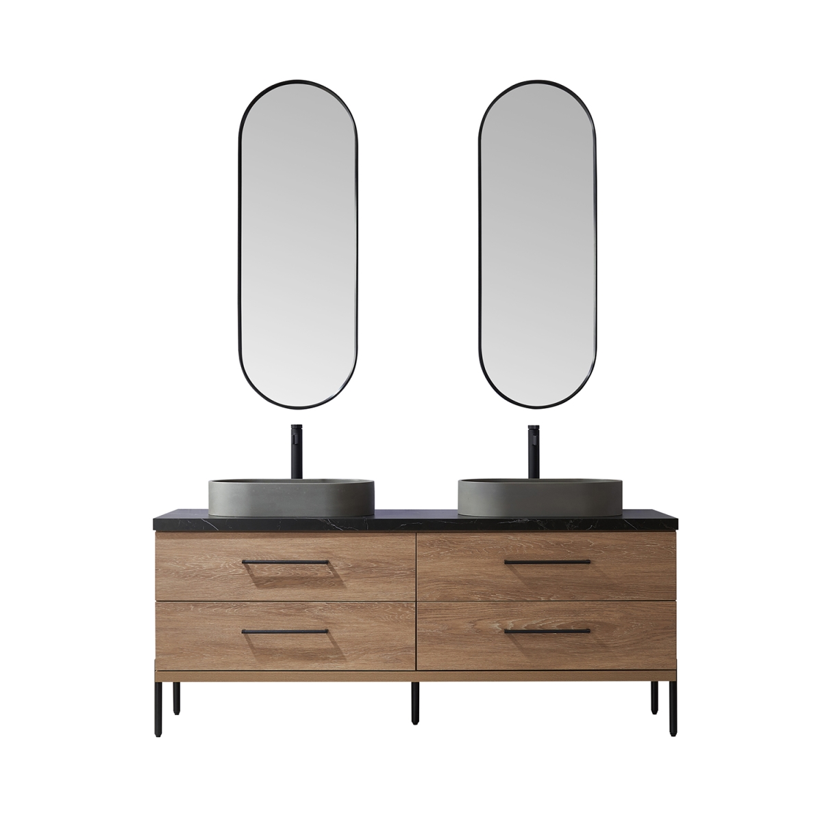 72 in. Trento Double Sink Bathroom Vanity, North American Oak with Black Sintered Stone Top with Concrete Sink & Mirror