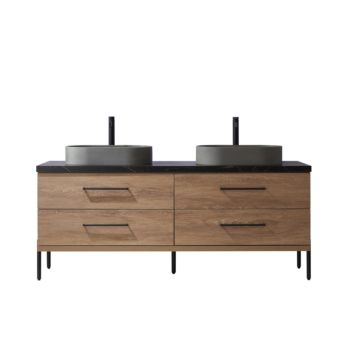 72 in. Trento Double Sink Bathroom Vanity, North American Oak with Black Sintered Stone Top with Concrete Sink