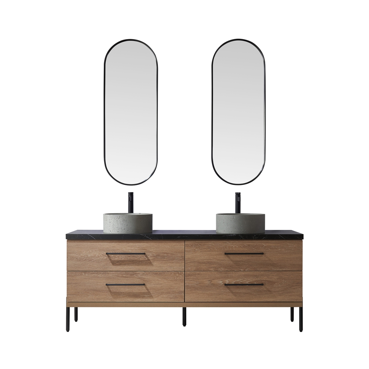 72 in. Trento Double Sink Bathroom Vanity, North American Oak with Black Sintered Stone Top with Concrete Sink & Mirror