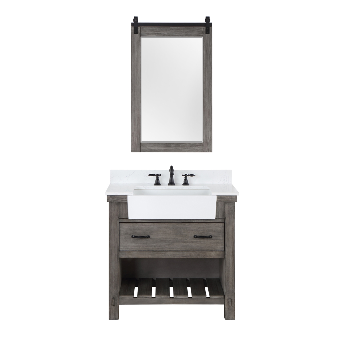 36 in. Villareal Single Bathroom Vanity, Classical Grey with Composite Stone Top in White, White Farmhouse Basin & Mirror