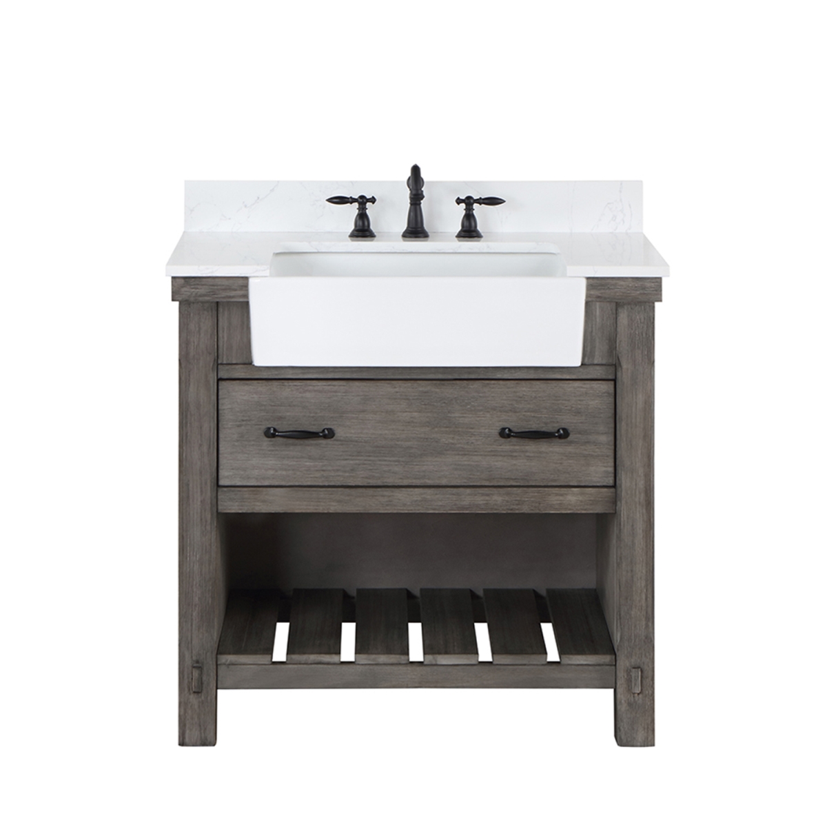 36 in. Villareal Single Bathroom Vanity, Classical Grey with Composite Stone Top in White, White Farmhouse Basin