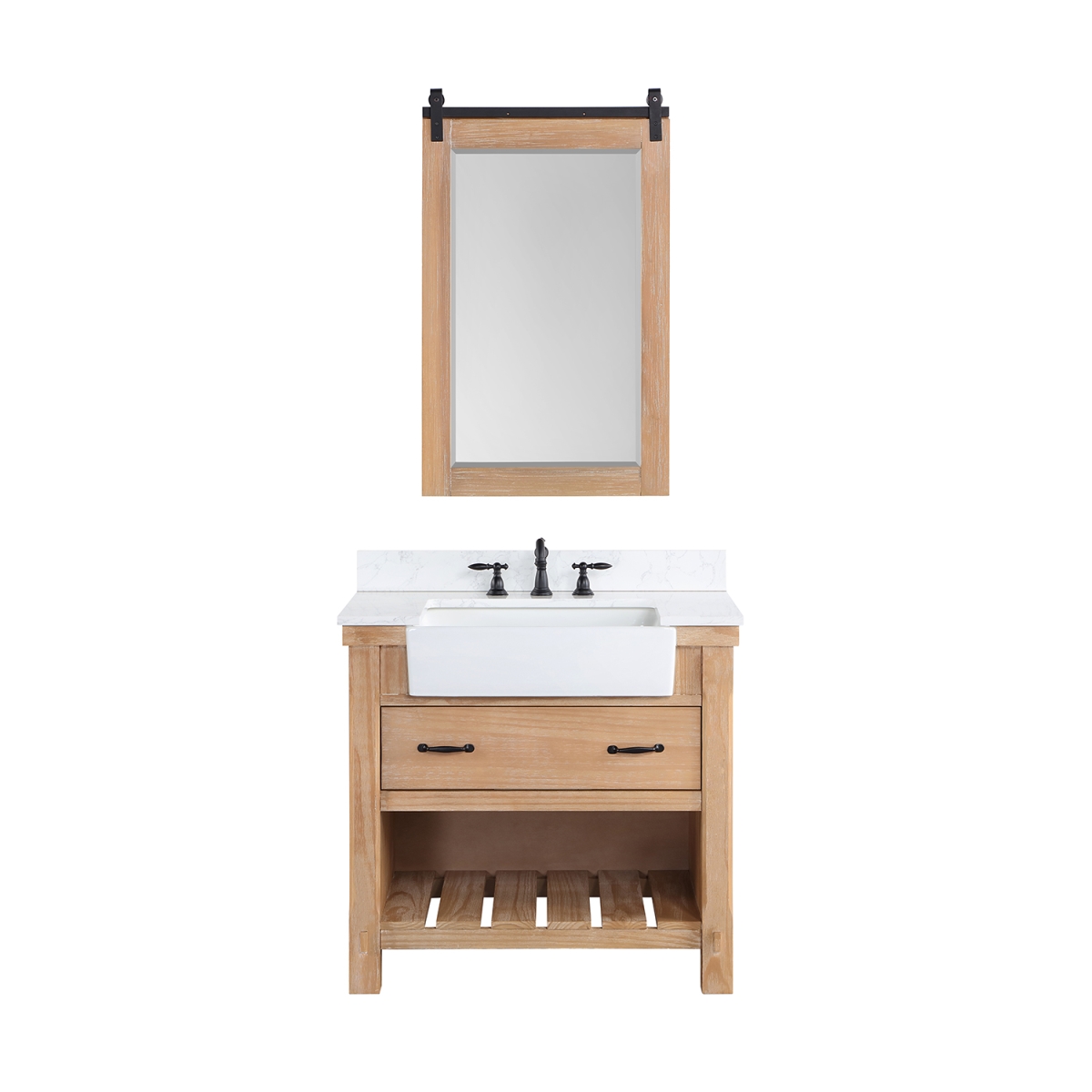 V 701636-WP-GW 36 in. Villareal Single Bathroom Vanity, Weathered Pine with Composite Stone Top in White, White Farmhouse Basin & Mirror