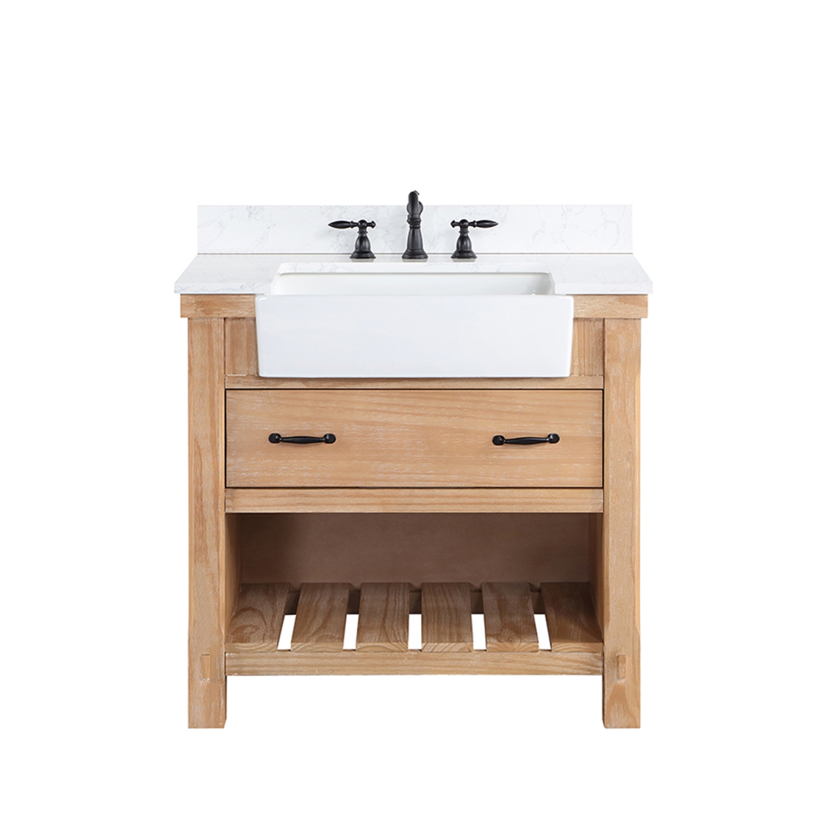 36 in. Villareal Single Bathroom Vanity, Weathered Pine with Composite Stone Top in White, White Farmhouse Basin