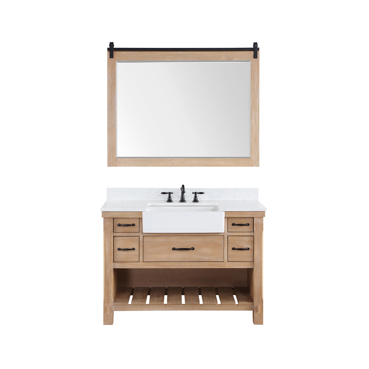 V 701648-WP-GW 48 in. Villareal Single Bathroom Vanity, Weathered Pine with Composite Stone Top in White, White Farmhouse Basin & Mirror