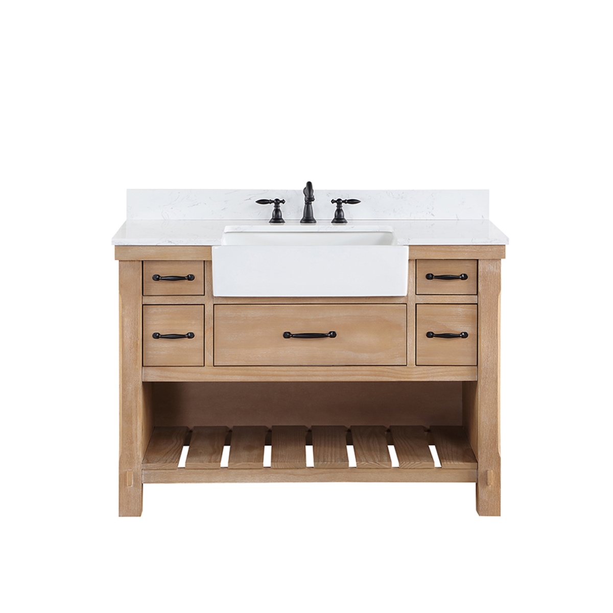 V  48 in. Villareal Single Bathroom Vanity, Weathered Pine with Composite Stone Top in White, White Farmhouse Basin