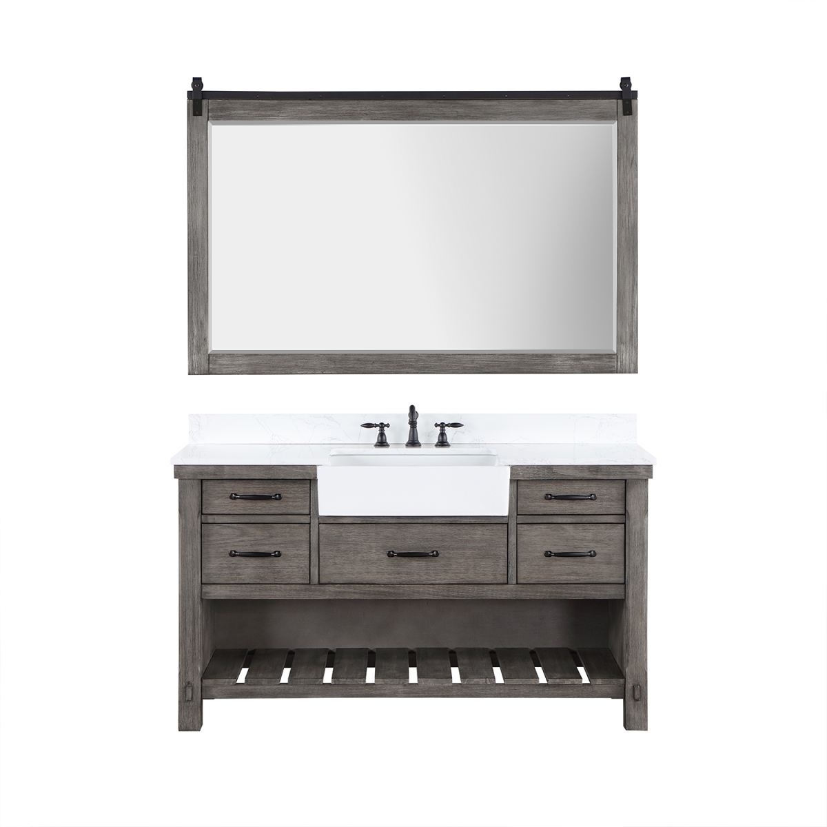 V 701660-CR-GW 60 in. Villareal Single Bathroom Vanity, Classical Grey with Composite Stone Top in White, White Farmhouse Basin & Mirror