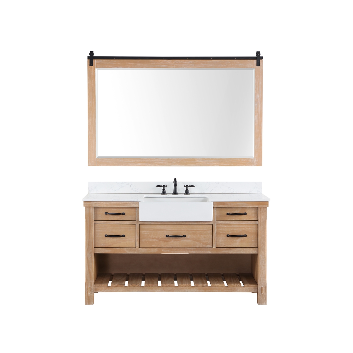 V 701660-WP-GW 60 in. Villareal Single Bathroom Vanity, Weathered Pine with Composite Stone Top in White, White Farmhouse Basin & Mirror