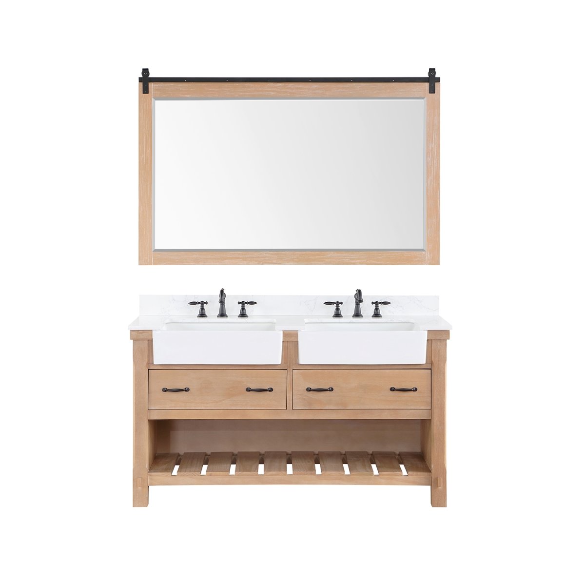 V 701660M-WP-GW 60 in. Villareal Double Bathroom Vanity, Weathered Pine with Composite Stone Top in White, White Farmhouse Basin & Mirror -  INNOVA