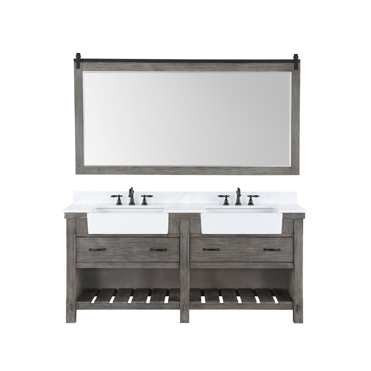 72 in. Villareal Double Bathroom Vanity, Classical Grey with Composite Stone Top in White, White Farmhouse Basin & Mirror