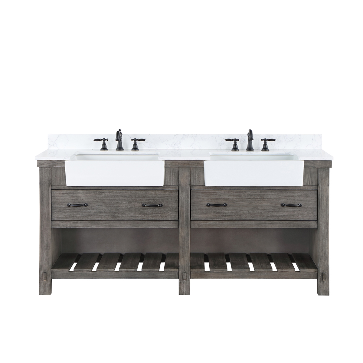 72 in. Villareal Double Bathroom Vanity, Classical Grey with Composite Stone Top in White, White Farmhouse Basin