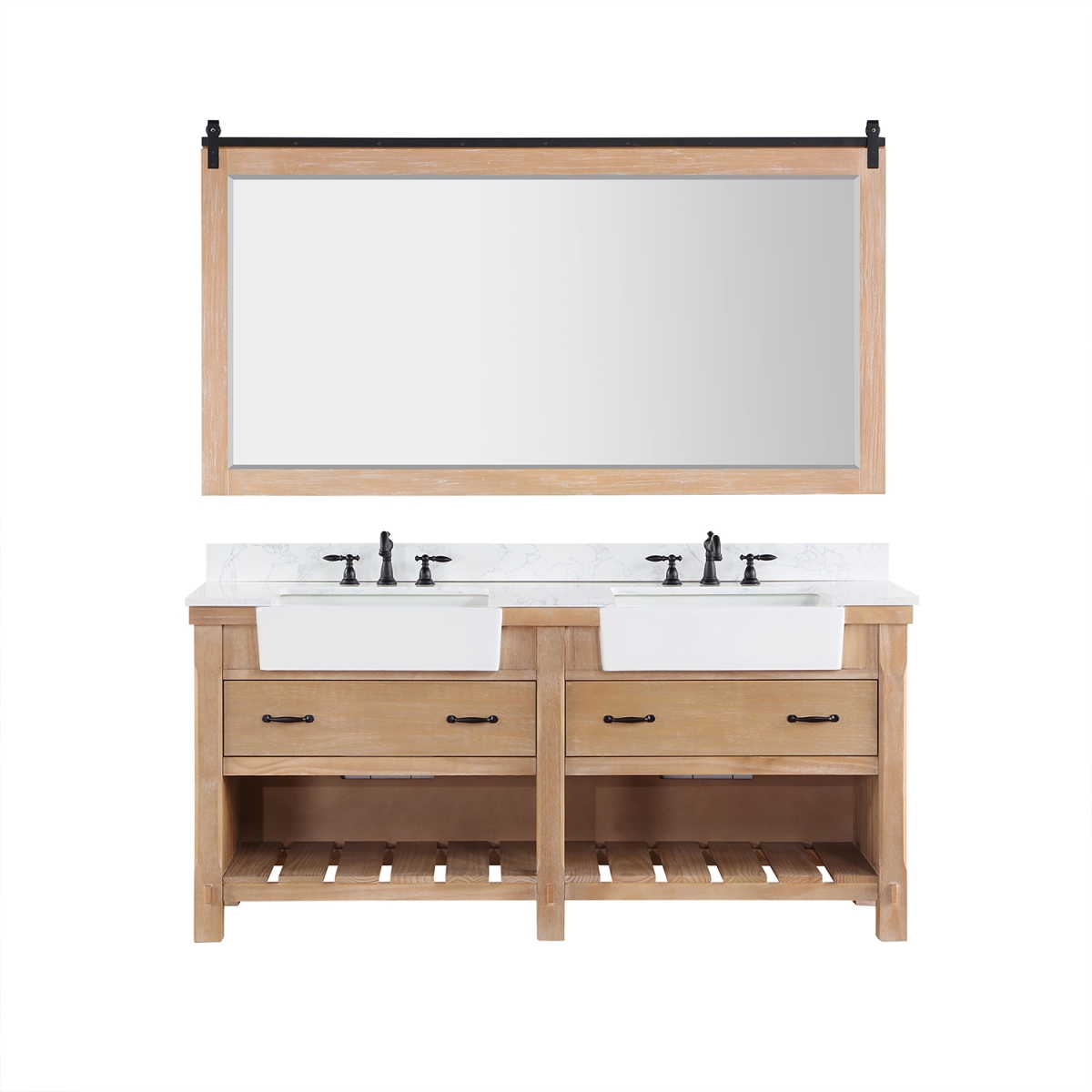 V 701672-WP-GW 72 in. Villareal Double Bathroom Vanity, Weathered Pine with Composite Stone Top in White, White Farmhouse Basin & Mirror -  INNOVA