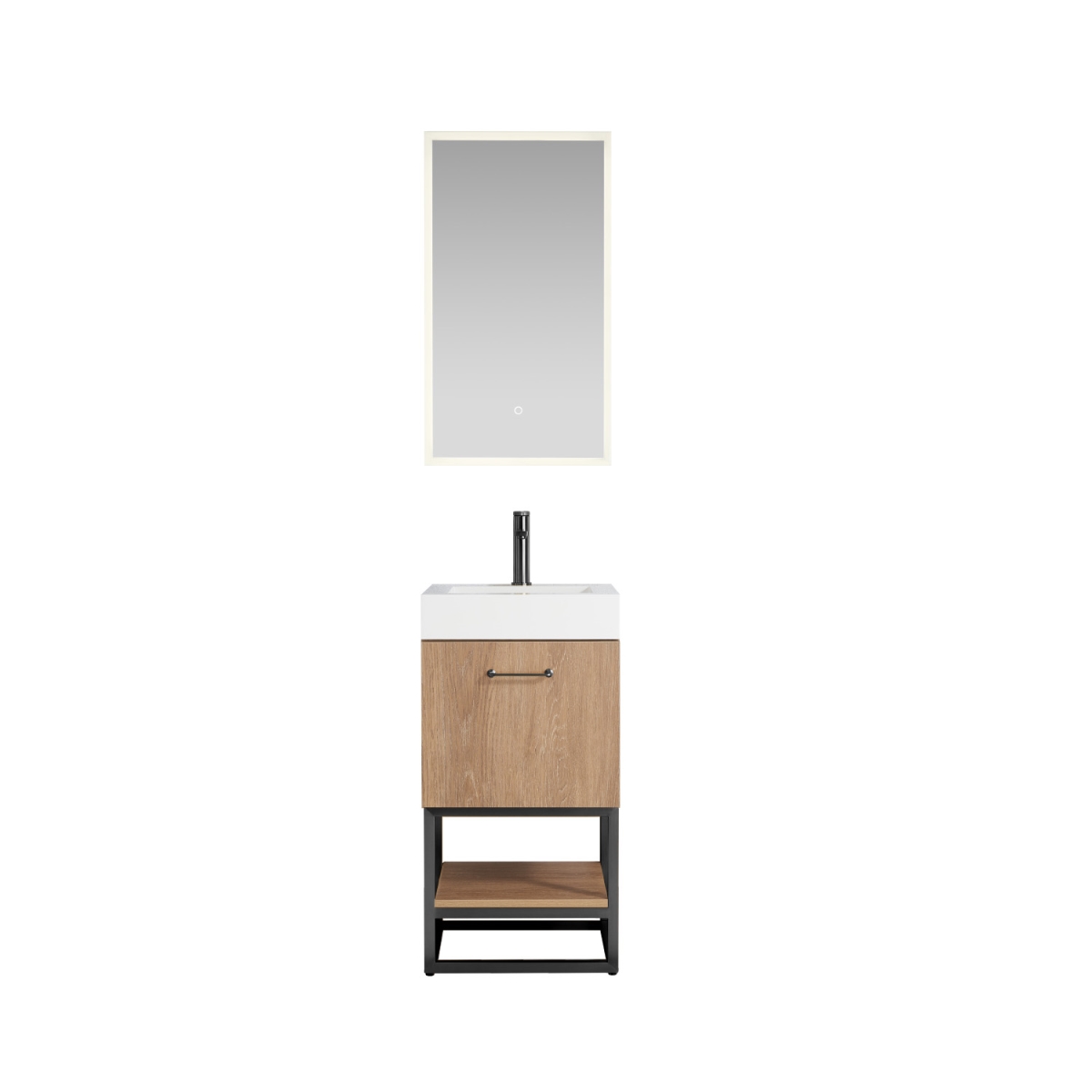18B in. Alistair Single Sink Bathroom Vanity, North American Oak with White Grain Stone CounterTop & Mirror