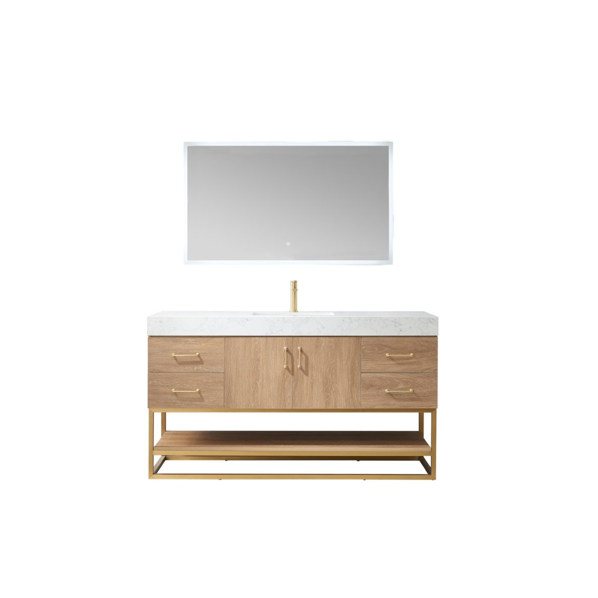 60 in. Alistair Single Sink Bathroom Vanity, North American Oak with White Grain Stone CounterTop & Mirror