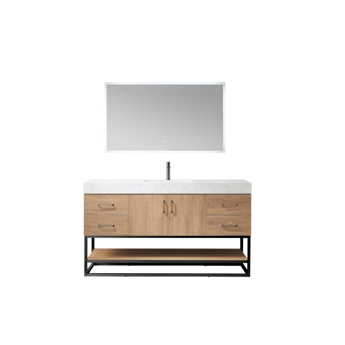 60BS in. Alistair Single Sink Bathroom Vanity, North American Oak with White Grain Stone CounterTop & Mirror