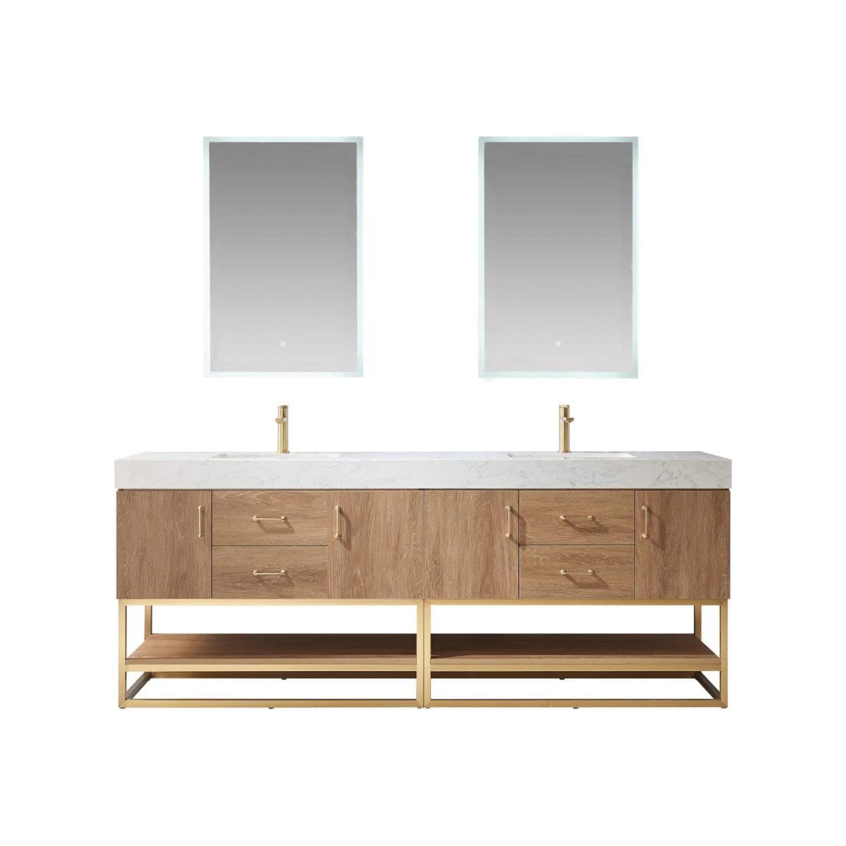 84 in. Alistair Double Sink Bathroom Vanity, North American Oak with White Grain Stone CounterTop & Mirror
