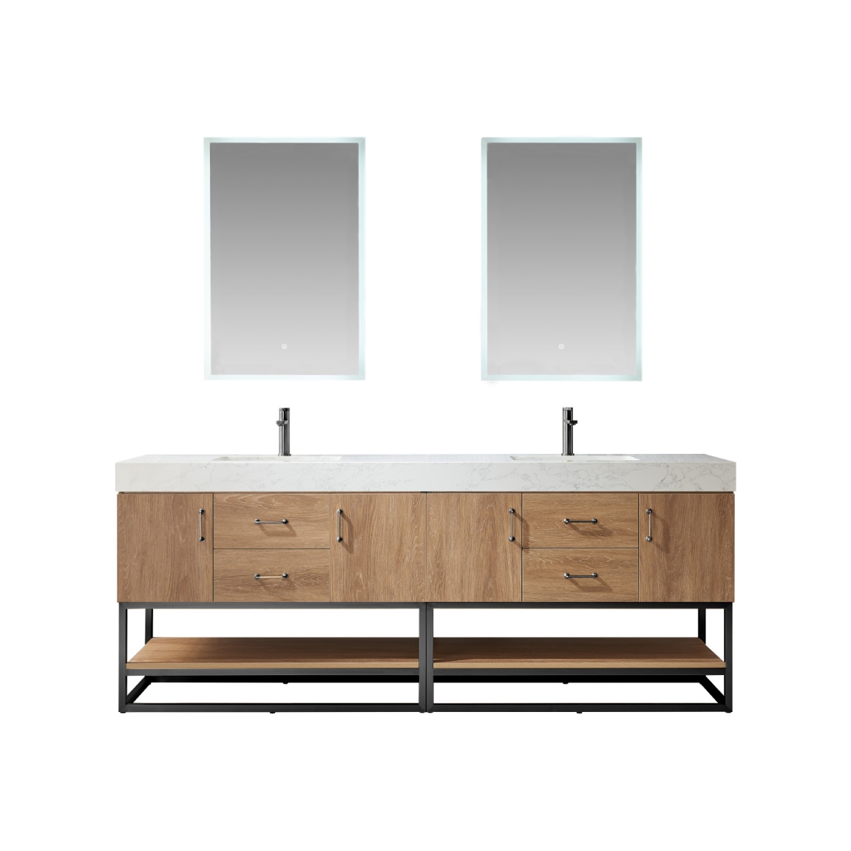 84B in. Alistair Double Sink Bathroom Vanity, North American Oak with White Grain Stone CounterTop & Mirror