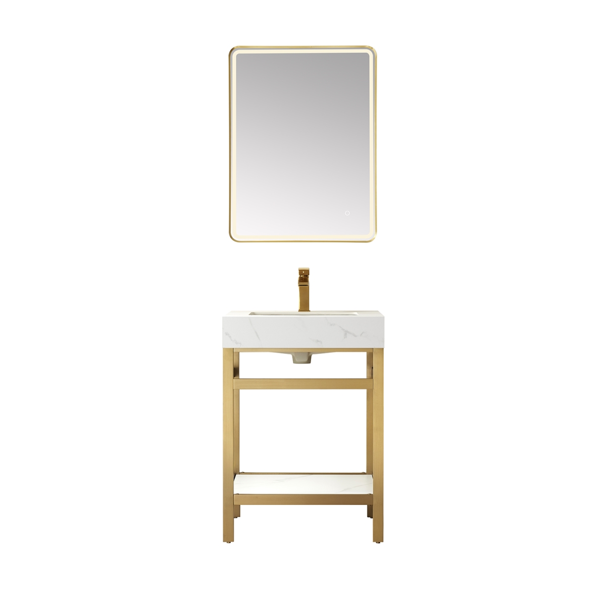 24 in. Funes Single Sink Bathroom Vanity, Brushed Gold Metal Support with White Sintered Stone Top & Mirror