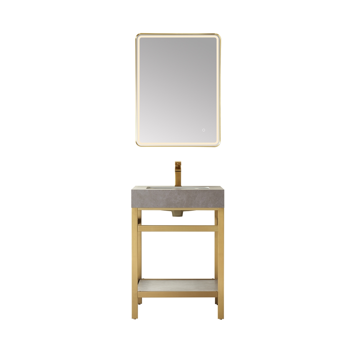 24 in. Funes Single Sink Bathroom Vanity, Brushed Gold Metal Support with Grey Sintered Stone Top & Mirror