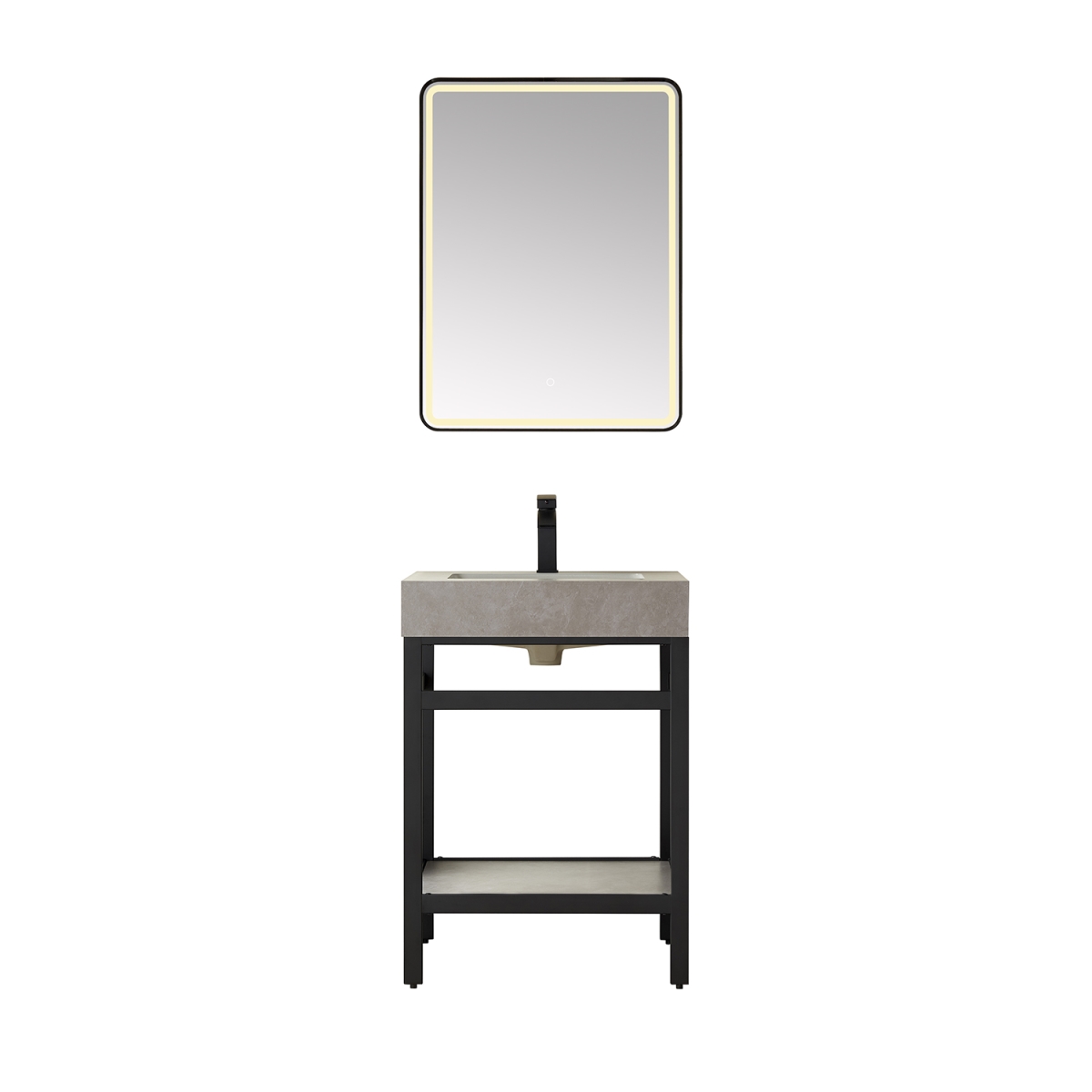 24 in. Funes Single Sink Bathroom Vanity, Matt Black Metal Support with Grey Sintered Stone Top & Mirror