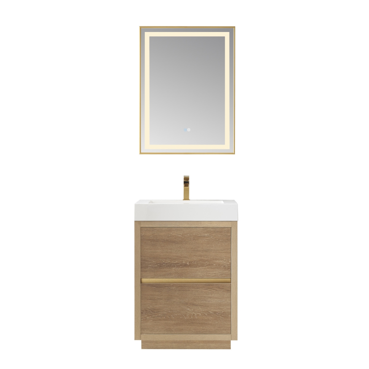 24 in. Huesca Single Sink Bathroom Vanity, North American Oak with White Composite Integral Square Sink Top & Mirror
