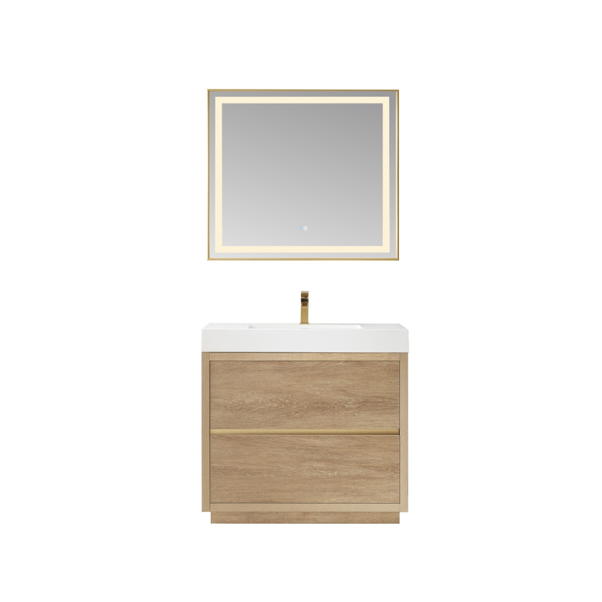 36 in. Huesca Single Sink Bathroom Vanity, North American Oak with White Composite Integral Square Sink Top & Mirror